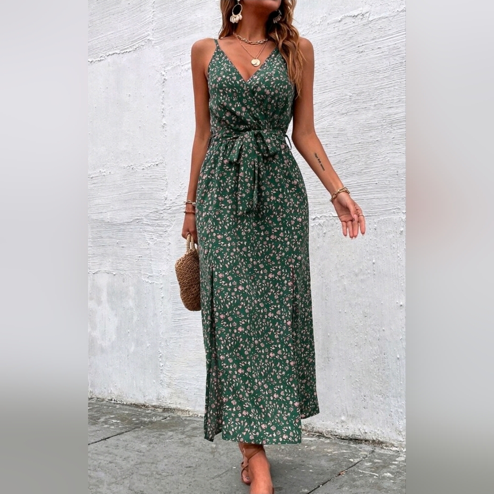 * New Boho Double Split Cami Dress Maxi Floral Dark Green - Picture 6 of 11